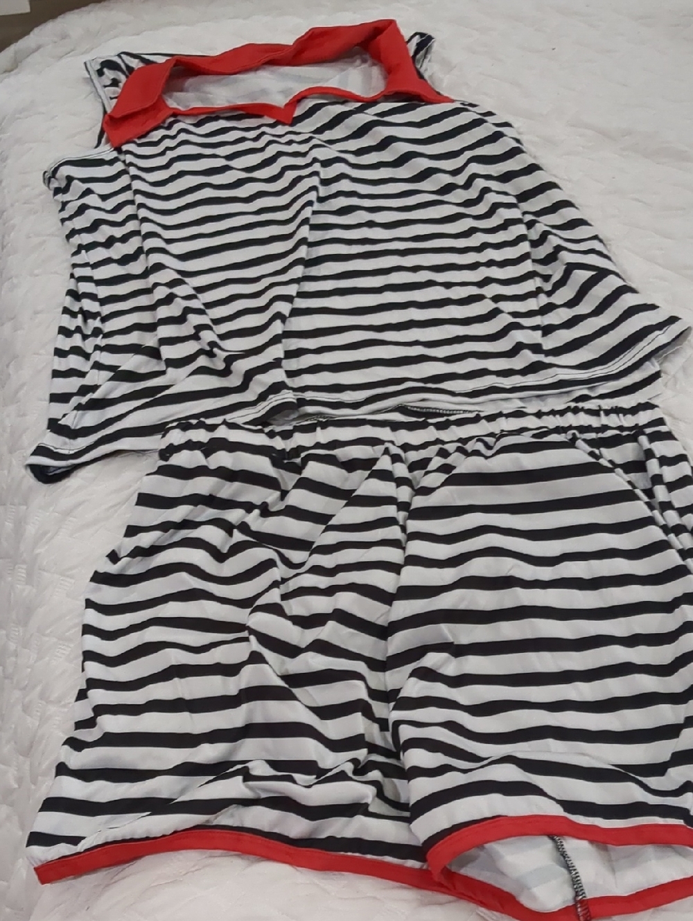 SHEIN Black and White Striped High Waist Shorts Set with Red Trim